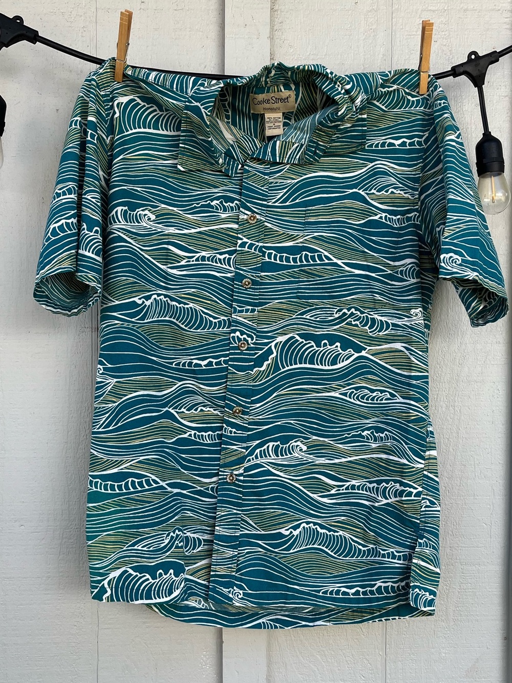 Cooke Street Teal Wave-Print Short-Sleeve Button-Down Shirt